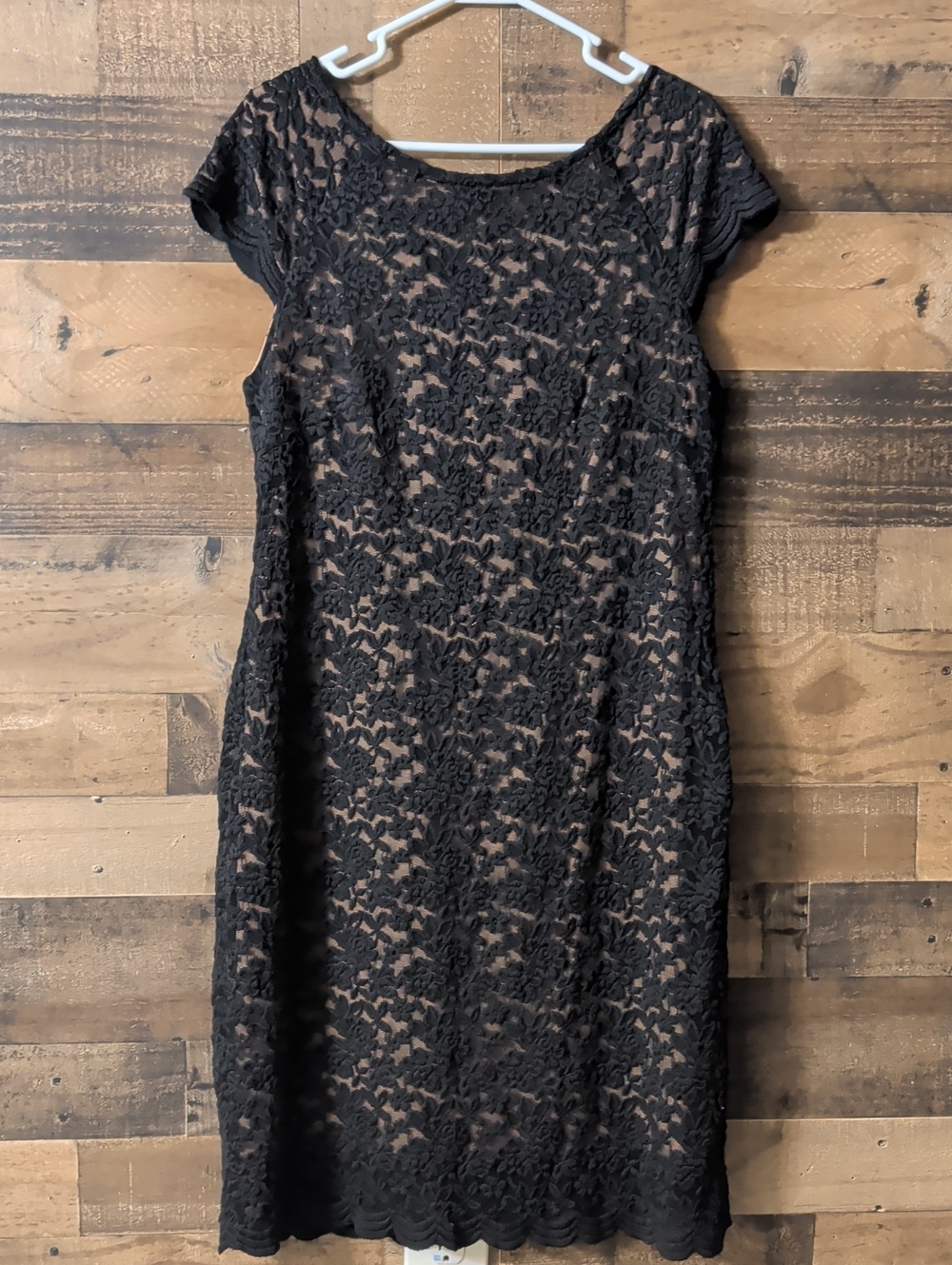 Black Lace Midi Dress with Nude Underlay - Women